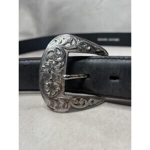 Vintage 1995 Leather Western Belt Size 50 Black Engraved Silver Buckle Cowboy
